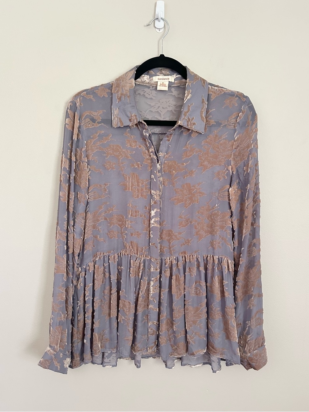 Sundance Silk Burnout Velvet Peplum Blouse Floral Lavender M Boho Fairycore Rare